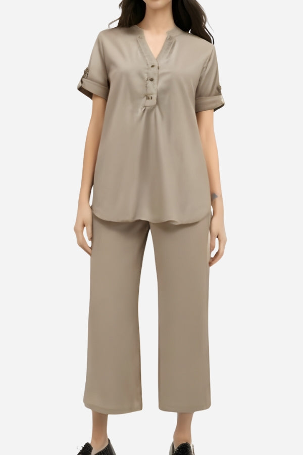 Dressed-up Casual: Short-Sleeved V-neck Top & Wide Trouser Suit