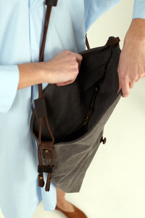 Leather Trimmed Canvas Shoulder Bag